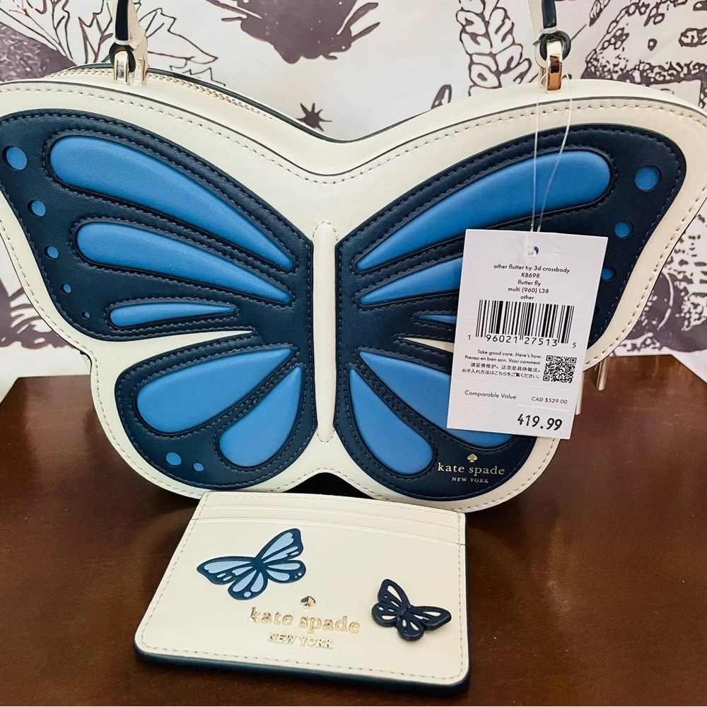 • NWT KATE SPADE FLUTTER FLY 3D BUTTERFLY CROSSBODY BLUE MULTI WHITE CARD HOLDER